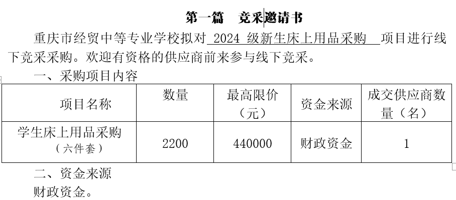 學校2024級新生床上用品采購招標公告